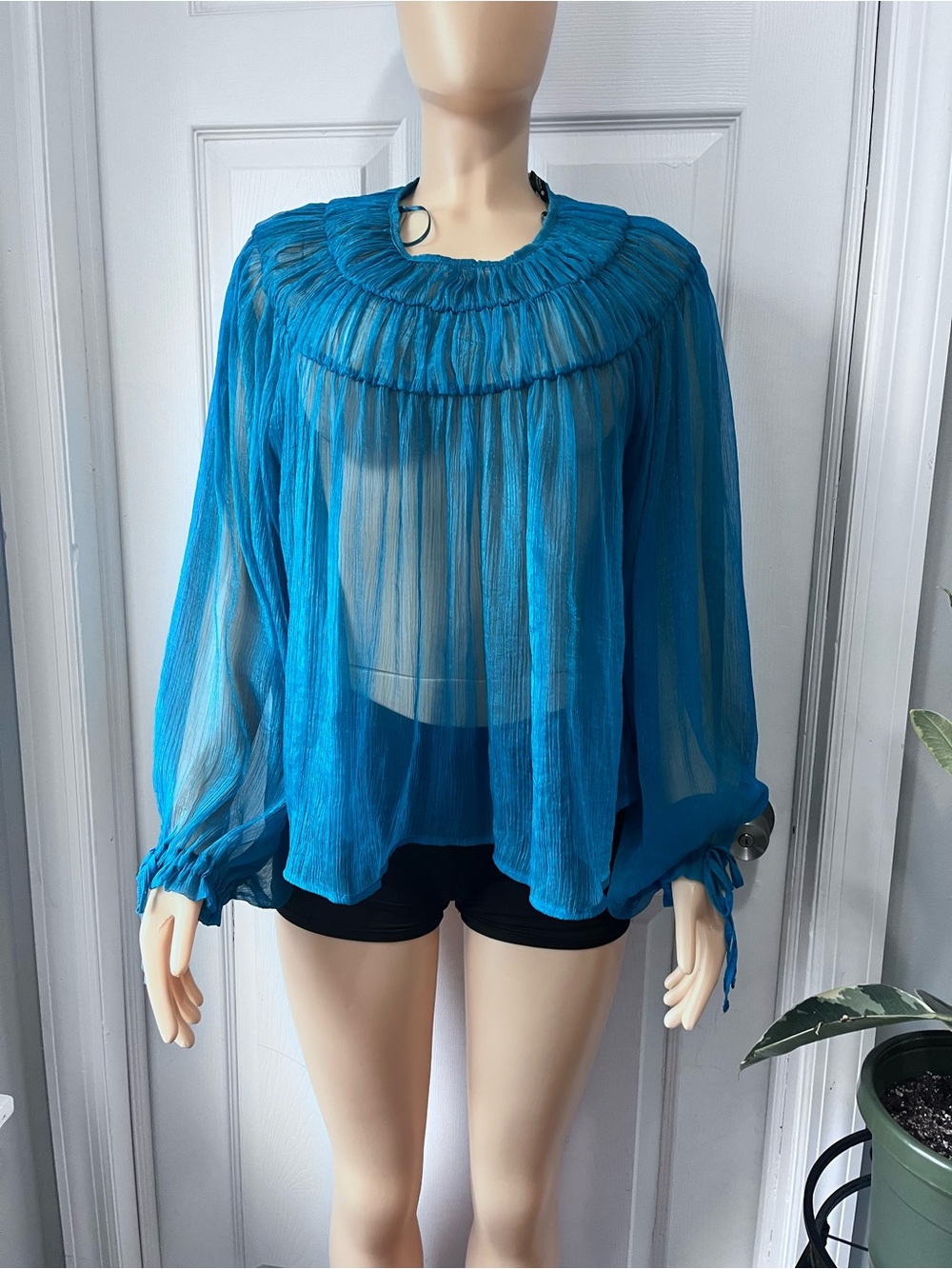 Zara Sheer Teal Blue Peasant Blouse